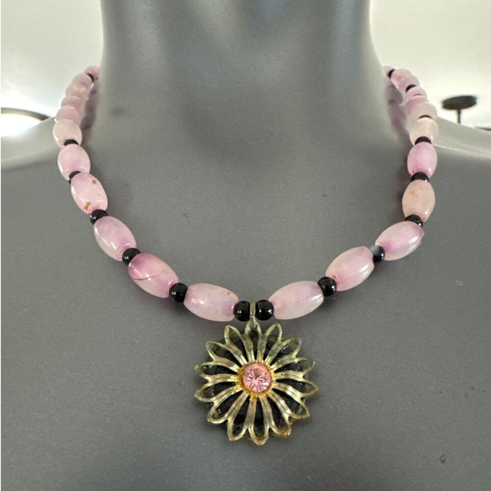 17" Pink and Black Beaded Necklace with Pink Rhinestone and Gold Filigree Flower